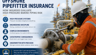 Offshore pipefitter tightening a high-pressure flange on an offshore oil platform during maintenance, illustrating how insurers evaluate offshore pipefitting risk.